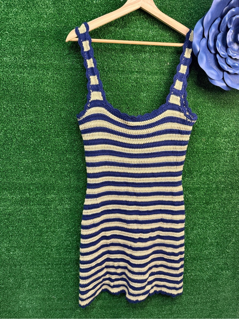 J Crew blue and beige stripped crochet dress size medium brand new